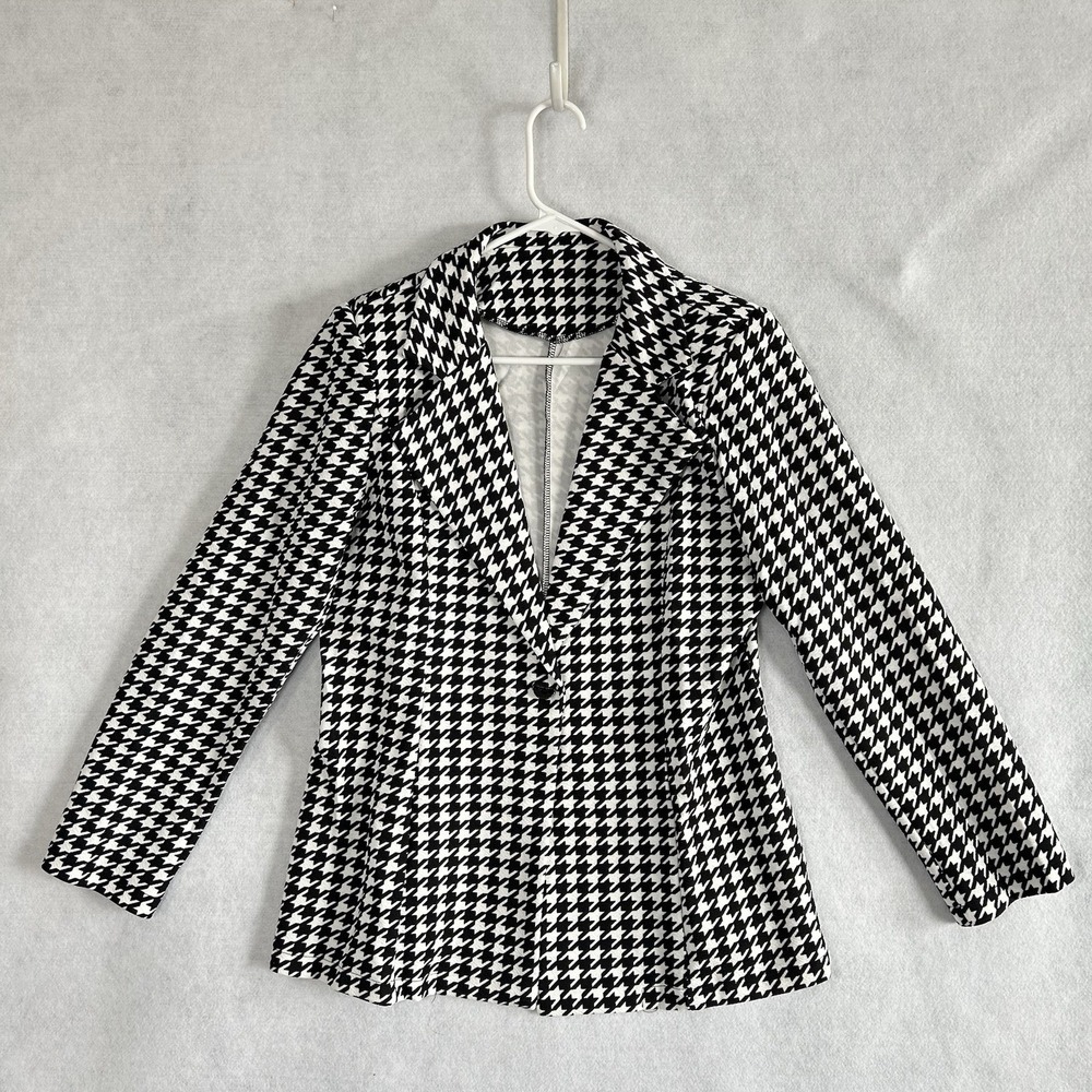 Women's Houndstooth One Button Waist Slimming Blazer‎ Jacket Sz MEDIUM